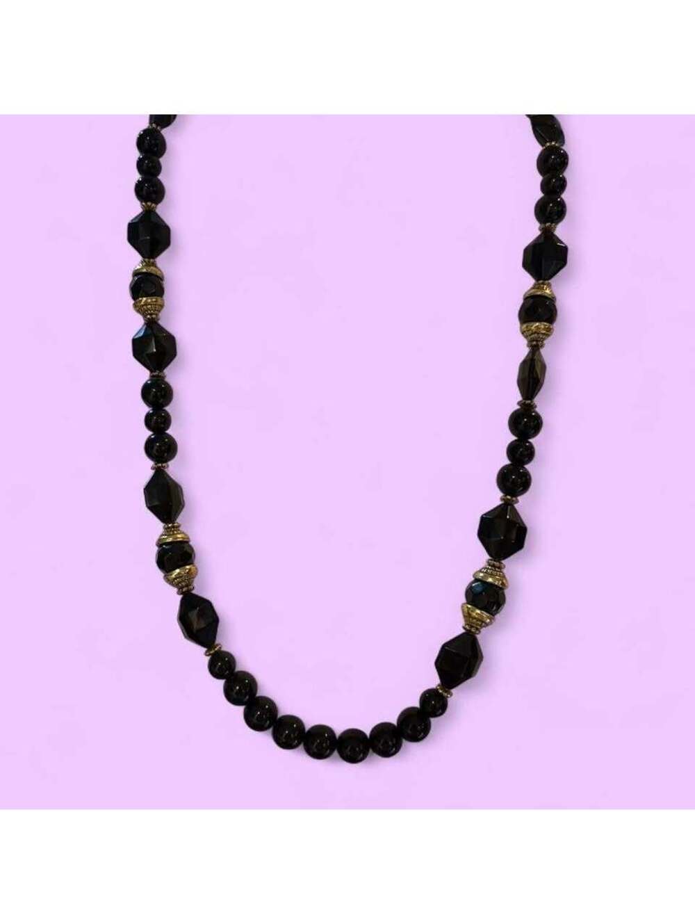 Vintage Black Beaded Necklace with Gold Accents